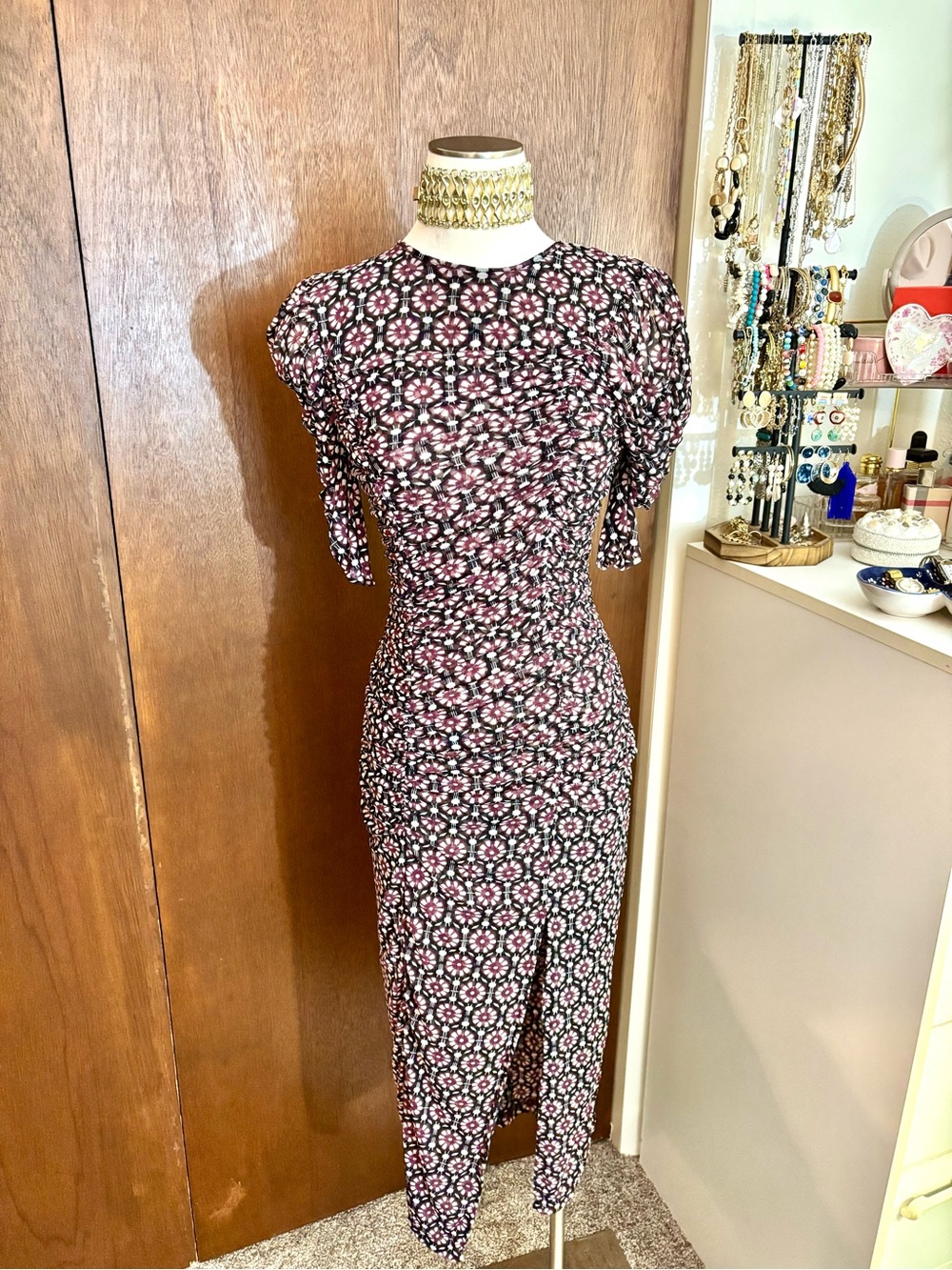 NWT Free People Ruched Printed Midi Dress | Puff Sleeves | Cutout Back | XS